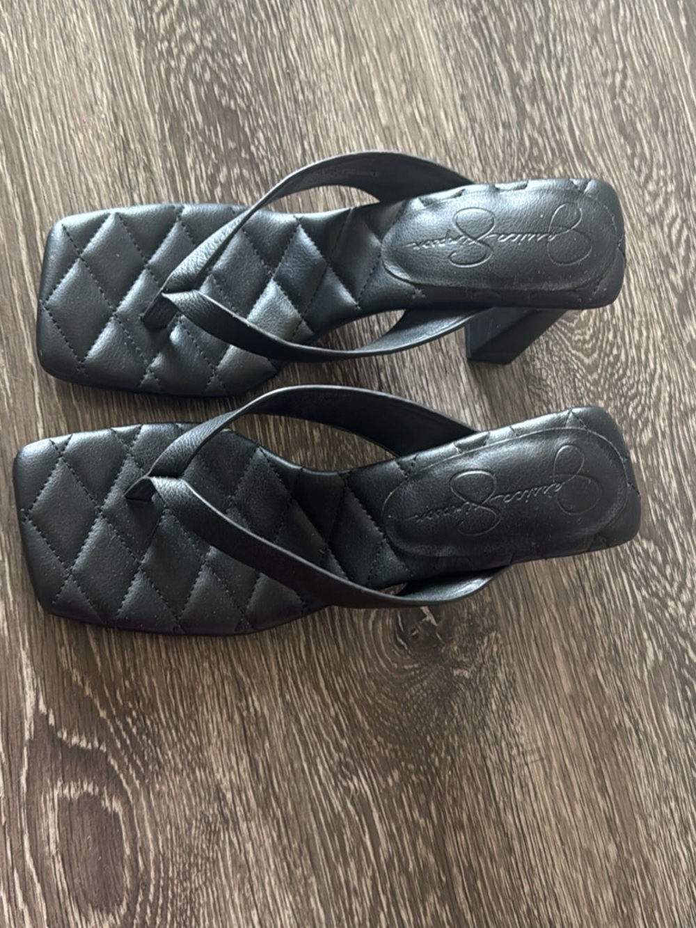 Jessica Simpson Black Quilted Square-Toe Heeled Thong Sandals